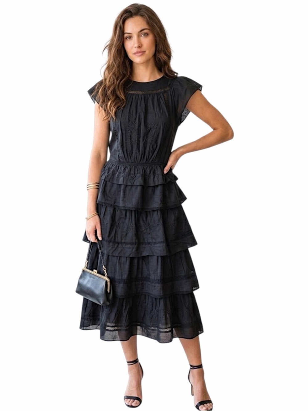 BANANA REPUBLIC black Selene  embroidered midi dress boho small